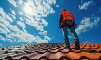 Worker with safety yellow helmet working on tiles installation