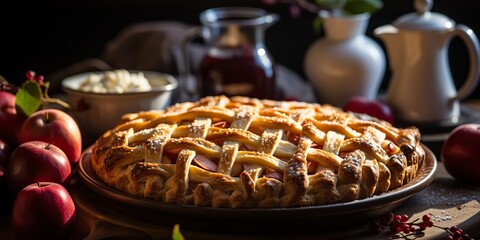 Traditional apple pie baked food natural desert culinary recept scene - obrazy, fototapety, plakaty