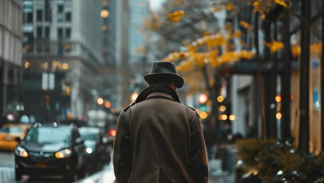 A young man in a hat and a coat walks along the streets of New York City.