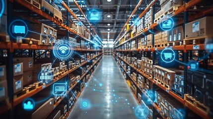 smart warehouse management system, featuring interconnected IoT devices that enable a seamless flow of information and facilitate predictive maintenance . - obrazy, fototapety, plakaty