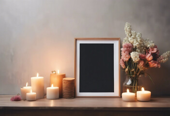 Photo frame flowers and candles on table wall background Front view mockup template