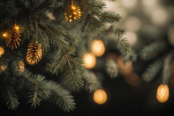 Radiant forest pine branches with golden cones set against a softly glowing bokeh lights background 