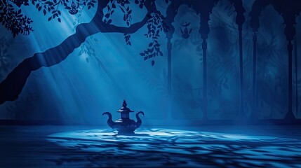the magic lamp in the center, arabian theme, a little bit silhouette theme , blue color shadow - obrazy, fototapety, plakaty