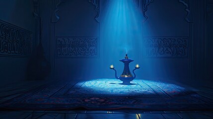 the magic lamp in the center, arabian theme, a little bit silhouette theme , blue color shadow - obrazy, fototapety, plakaty