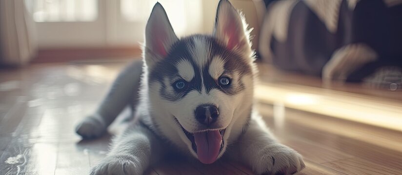 A Siberian Husky dog is lying on the living room floor with its mouth open, looking relaxed and comfortable.