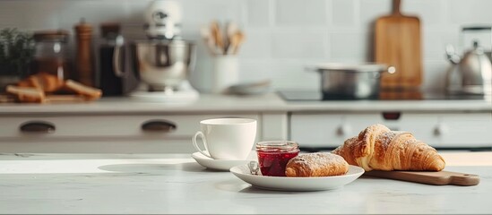 Two freshly baked croissants are placed beside a cup of raspberry jam on a clean kitchen counter. The morning light highlights the golden crust of the pastries.