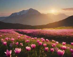 A field full of pink flowers with the sun setting in the distance in the distance is a mount
