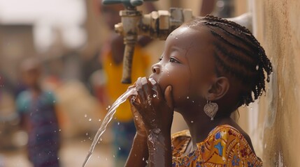 Beautiful African Child Drinking from a Tap (Water Scarcity Symbol). Young African girl drinking clean water from a tap. Water pouring from a tap in the streets of the African city Bamako, Mali. - obrazy, fototapety, plakaty