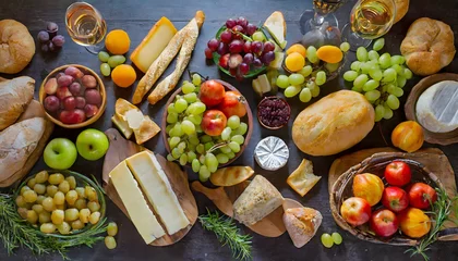 Foto op Canvas Zenith view of an old dark wooden table with fruit and vegetables, bread and cheeses. © coffeeflavour