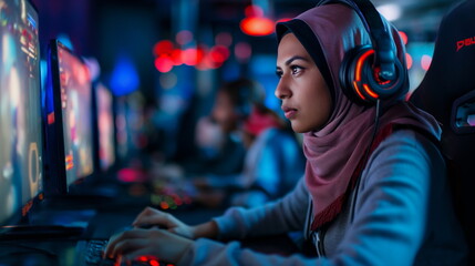 Muslim young woman playing video games in cybersports club neon lights on background, modern , generative ai, neutral face, concentrated - obrazy, fototapety, plakaty