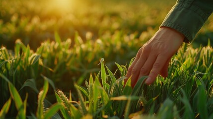 Farmer hand touches green leaves of young wheat in the field, the concept of natural farming, agriculture, the worker touches the crop and checks the sprouts, protect the ecology of the cultivated