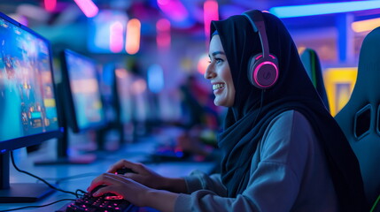 Muslim young woman playing video games in cybersports club neon lights on background, modern ,...