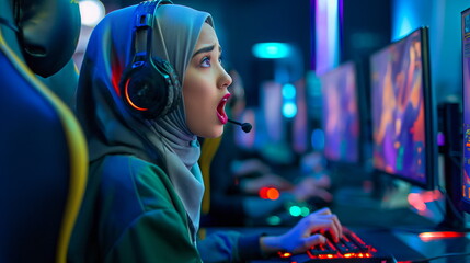 Muslim young woman playing video games in cybersports club neon lights on background, modern ,...