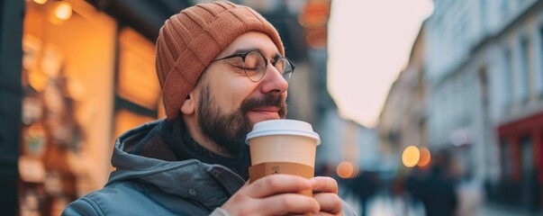 Happy man with eyes closed and smell takeaway coffee - obrazy, fototapety, plakaty