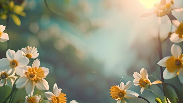Daffodil field colorful spring flowers with sunlight shining. edge frame of flowers Daffodils, Narcissus, yellow Daffodil flowers in spring garden blooming, Easter background, bouquet. 4k video