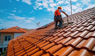Roofing tiles installation in process.