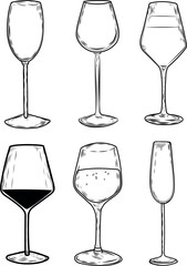 Wine glasses line drawing isolated on white background. - 745109396