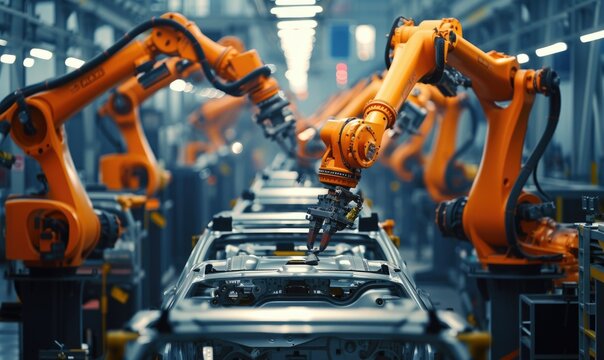 Automated robot arm assembly car parts at line in an automotive factory.
