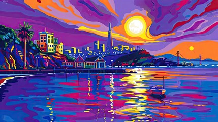 purple sky art.Skyscrapers view above clouds at sunset