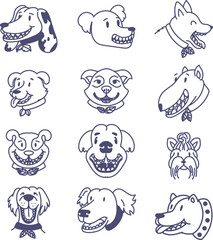 Happy dog faces line drawing vector illustration set. - 745109532