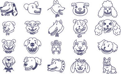Smiling dog faces line drawing vector illustration set. - 745109534