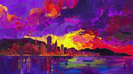 Naklejka premium purple sky art.Skyscrapers view above clouds at sunset