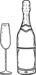Sparkled wine bottle and glass line drawing isolated on white background. - 745109708