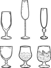 Alcohol glasses set line drawing illustration. - 745109738