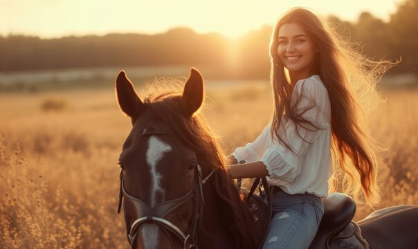 Cowboy woman on riding on horse. Beautiful cowgirl posing on prairie in sunset light.