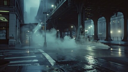 ultra - realistic cinema of an empty New York street, fog, steam, dark, monochromatic