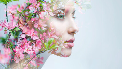 portrait of a pretty young woman with double exposure combined with a photo of bright spring garden flowers and leaves. demonstrating the unity of man with nature, the beauty of youth and femininity.