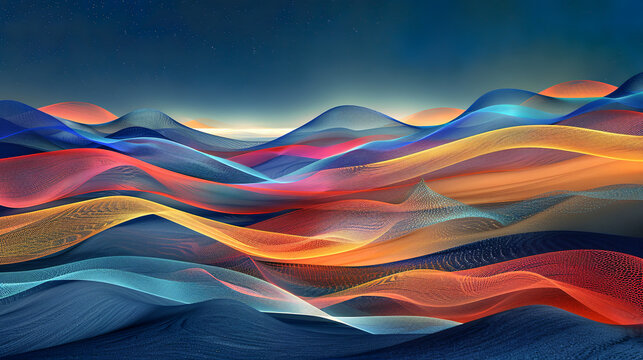 Digital artwork depicting undulating, wireframe dunes with a gradient of warm colors under a starry night sky, evoking a surreal and serene desert landscape.Background concept. AI generated.