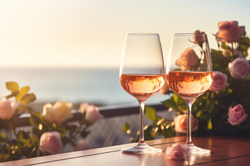 Romantic dinner on beach. Glasses of wine and sea wiew. Vacation, travel, restaurant. Happy valentine's day background.