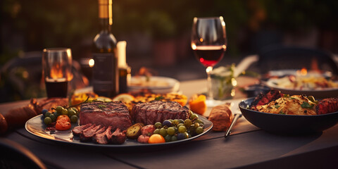 Backyard dinner table, tasty grilled BBQ meat. Picnic, party, festive table, birthday, celebration.