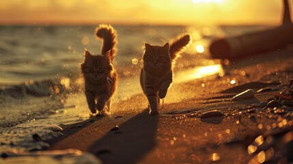 Under the setting sun, Two cats run freely on the beach - obrazy, fototapety, plakaty