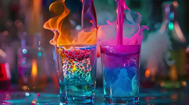 Making a colorful cocktail, mixing multi-colored drinks, splashing liquid, Generative AI