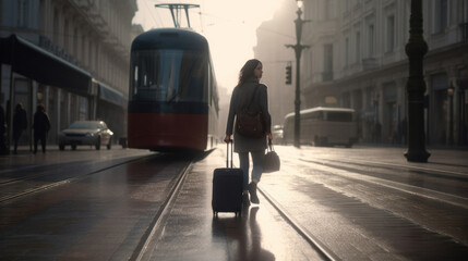 woman through the city with her suitcase while a tram passes by on the street. Created with AI.