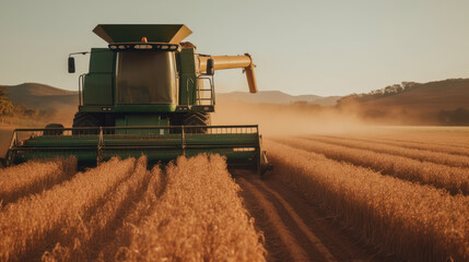 Combine harvester collecting cereal from a wheat field at sunset. Created with AI.