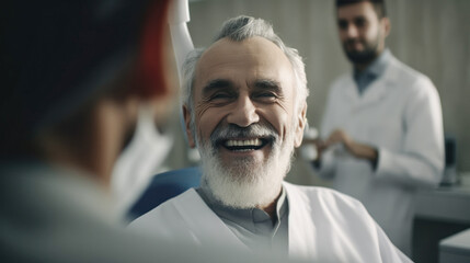 Fototapeta premium Senior man with beard smiling at the dentist. Created with AI