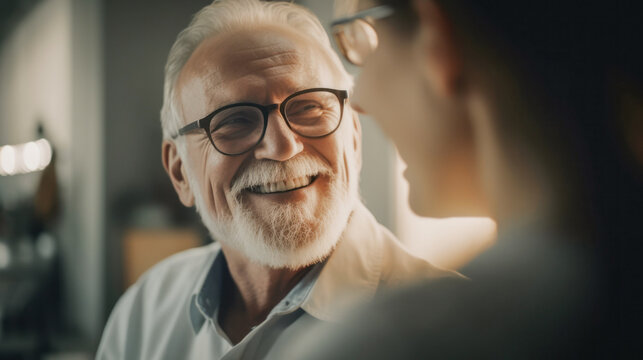 happy senior man at the dentist talking to nurse. Created with AI