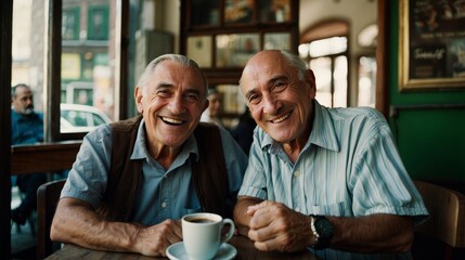 Fototapeta na wymiar Mediterranean lifestyle. Two old, smiling Italian men sitting in a stylish, old Italian coffee shop. Generative AI..