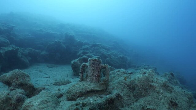 underwater scenery of rocks and reefs mediterranean sea blue water