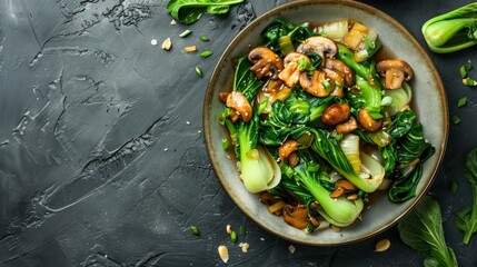 Baby Bok choy or chinese cabbage in oyster sauce with Shitake Mushrooms and fried garlic.