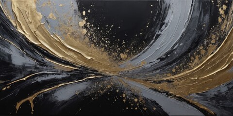 Abstract painting in black and silver with gold accents, modern decoration