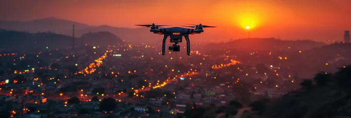 Foto auf Acrylglas Drone Flying over the cityscape with beautiful sunset © Left