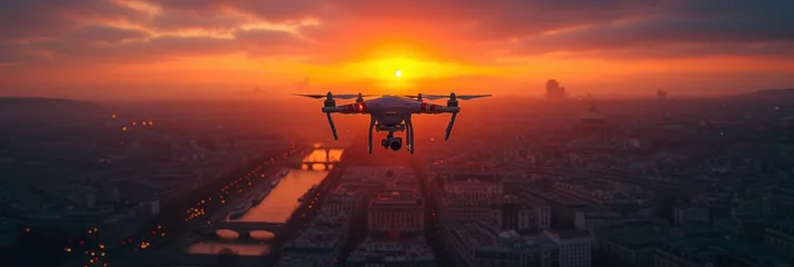 Fototapeten Drone Flying over the cityscape with beautiful sunset © Left