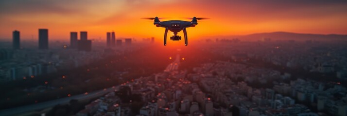 Drone Flying over the cityscape with beautiful sunset