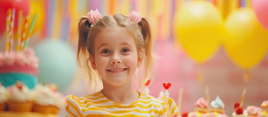 A young girl stands in front of a colorful birthday cake, decorated with candles and frosting. She gazes at the cake with excitement and anticipation, ready to celebrate a special occasion.