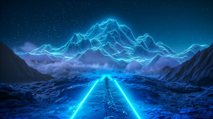 blue neon light lead to top of mountain. Path to mountain top co - obrazy, fototapety, plakaty