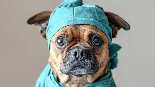 Dog dressed in veterinary nurse uniform.